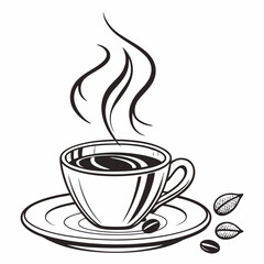 Steaming cup of coffee with coffee beans