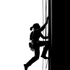 a black and white silhouette of a woman climbing a building black, building, climb, person, silhouette, woman , Generative art.