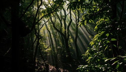 Obraz premium Sunbeams Piercing Through Lush Forest Canopy