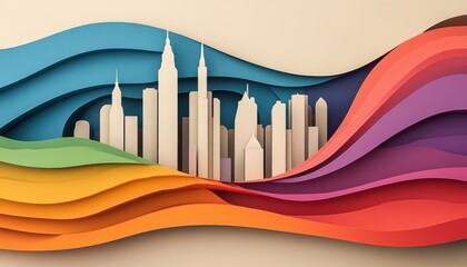 A horizontal illustration for Antwerp Pride, showing a soft, abstract outline of Antwerps skyline with a single flowing rainbow flag in front. 