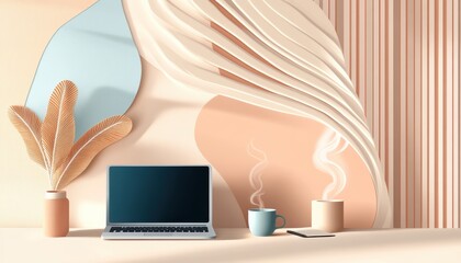 A horizontal illustration for Blogger Day, showing a laptop on a clean desk with a steaming cup beside it, and a simple notepad open. 