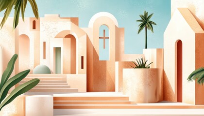 A horizontal illustration for Fiesta de San Salvador, showing a peaceful town square with subtle decorations and a central cross-shaped monument. 