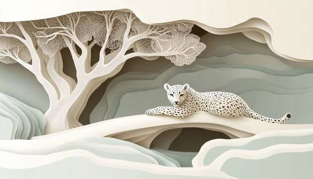 A horizontal illustration for Clouded Leopard Day, showing a single clouded leopard resting quietly on a high tree branch in a misty forest. 