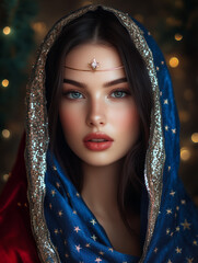 Blessed Virgin in blue veil and red dress under lights
