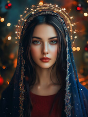 Holy Mary with glowing halo and festive background
