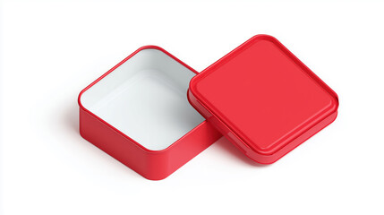 A sleek red metal storage box with a bright white interior, slightly open with its lid tilted, set against a minimalist white backdrop.