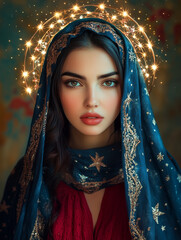 Blessed Virgin in blue veil and red dress under lights
