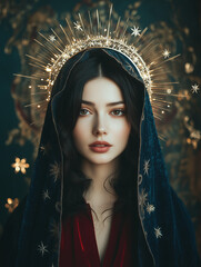 Holy Mary with glowing halo and festive background
