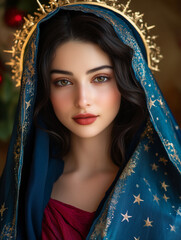 Holy Mary with glowing halo and festive background
