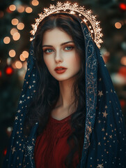 Holy Mary with glowing halo and festive background

