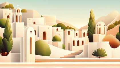 A horizontal illustration for Fiesta de San Salvador, showing a peaceful town square with subtle decorations and a central cross-shaped monument. 