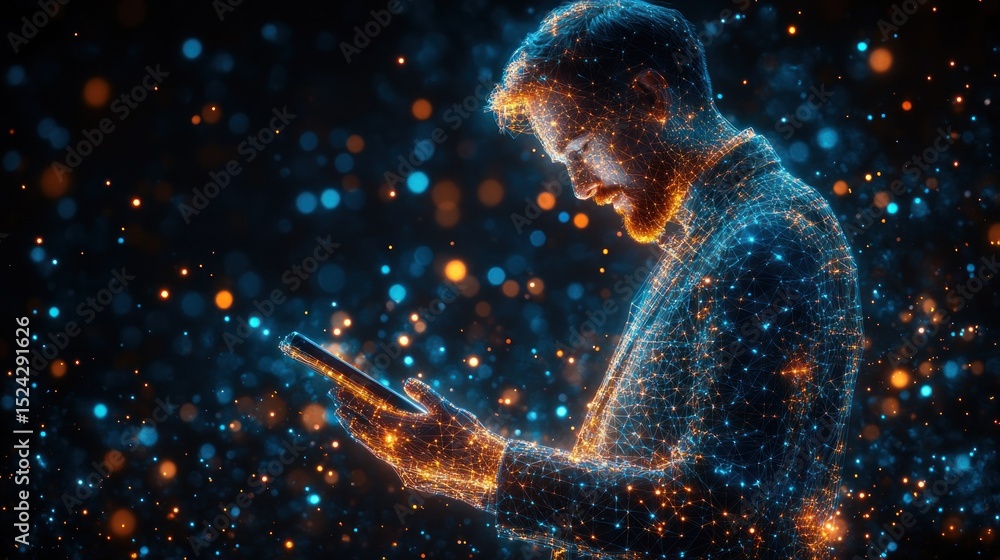 Aufkleber man using tablet, digital particles, dark background, data stream