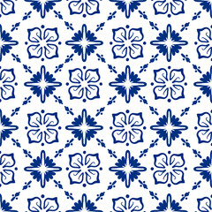 Seamless blue and white tile pattern with hand-drawn brush lines. Traditional Mediterranean design