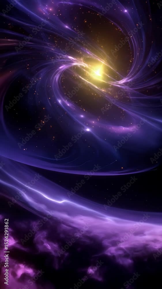 Poster abstract swirling vortex of energy in deep space with glowing particles and purple light trails crea