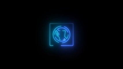 Neon Steering Wheel Icon in a Square Frame on a Black Background vibrant neon blue