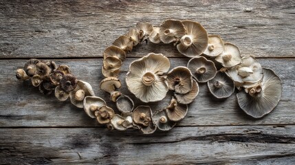 Vintage natural mushroom collection arranged on rustic wooden surface for culinary and decorative use