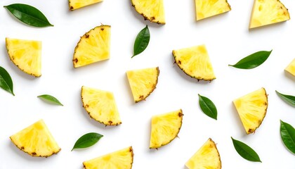 Pineapple slices and leaves on white.