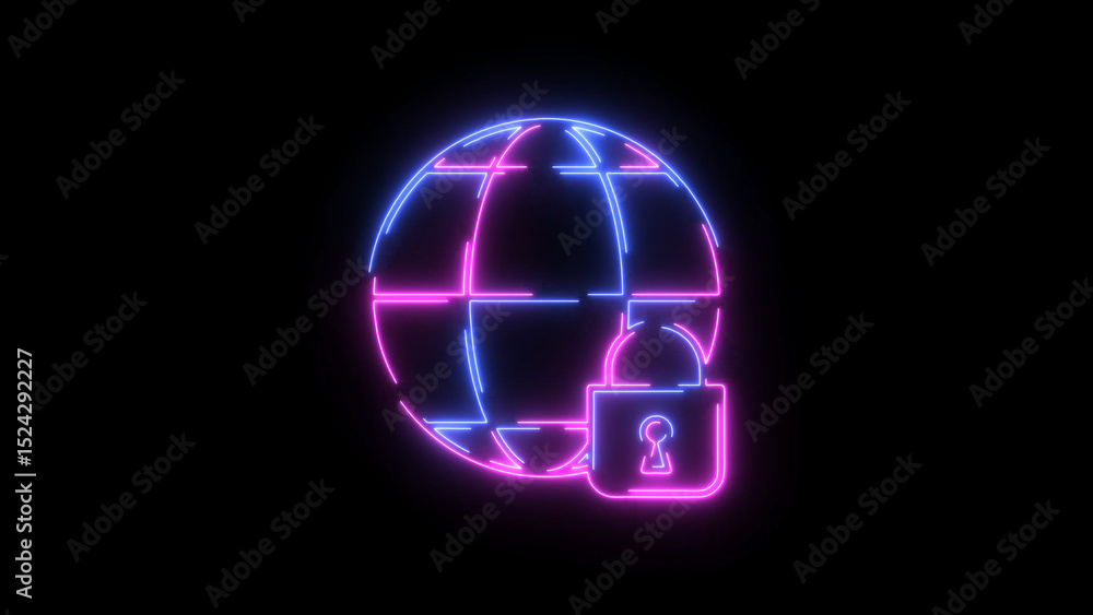Poster neon globe with padlock secure global network connection and data protection concept on black backgr
