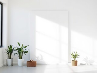 Bright interior mockup with a blank wall, two potted plants, and a basket. Sunlight casts shadows on the floor, creating a serene atmosphere.