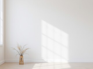 A minimalistic interior scene featuring a blank white wall and a small decorative plant in a woven vase. Natural light casts soft shadows on the floor.