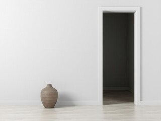 A minimalist interior scene featuring a plain white wall and an open doorway leading to a dark room. A simple brown vase stands on the light wooden floor.