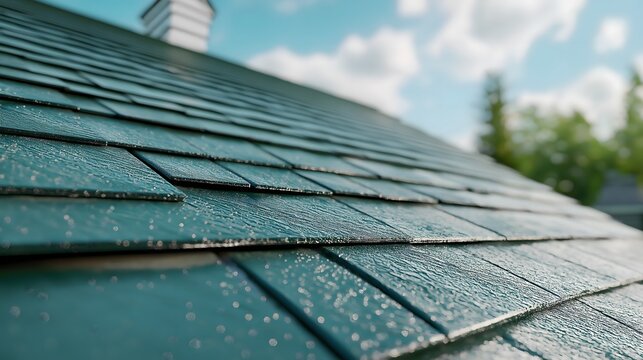 Cleaning procedure of a house roof, showcasing shingles during a sunny day with clear skies and nearby trees in the background