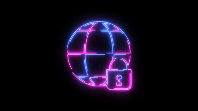 Neon Globe with Padlock Secure Global Network Connection and Data Protection Concept on Black Background