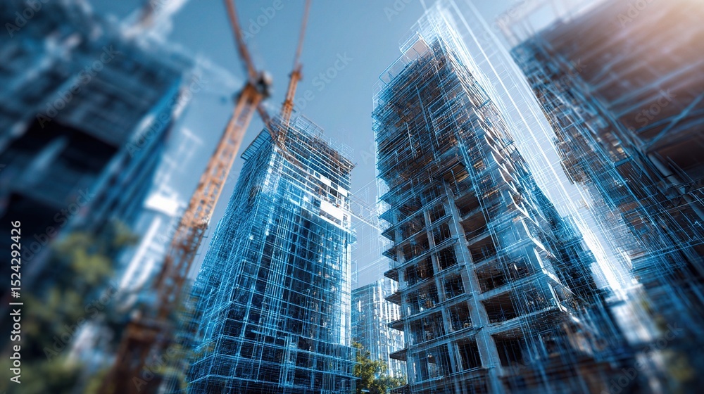 Poster modern building project featuring bim and double exposure techniques