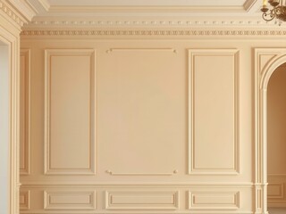 Interior wall mockup with a smooth, light beige finish. Decorative molding and an arched doorway enhance the elegant design.