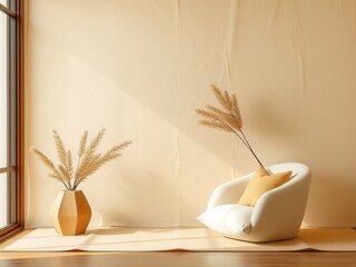 A cozy interior scene featuring a white modern chair and a decorative vase with dried pampas grass. Soft natural light illuminates the warm beige wall.