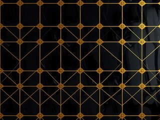 A black wall mockup with a geometric pattern of golden lines and shapes. The design features a grid layout, creating a modern and elegant interior aesthetic.