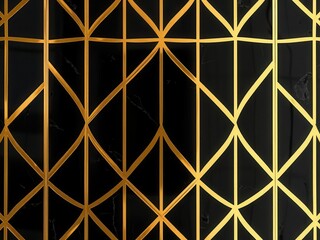 A black wall with a geometric gold pattern. The design features interlocking shapes creating a modern and elegant look, suitable for interior decor.