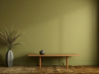 A minimalist interior scene featuring a green wall, a wooden table, and a decorative vase with plants. Soft lighting enhances the calm atmosphere.