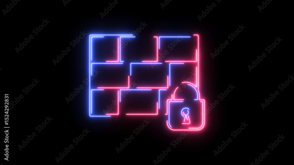 Poster neon cyber security firewall with padlock digital protection and data safety concept this image feat