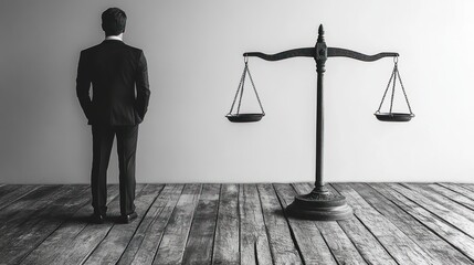 Man facing scales of justice in empty room