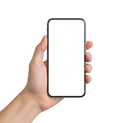 modern smartphone with transparent screen in left hand on transparent background, smartphone in hand, png mockup for any background and any image on the screen, generative ai
