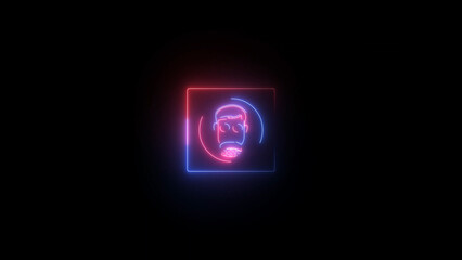 Neon Man Face Icon in Square Frame with Red and Blue Glow on Black Background