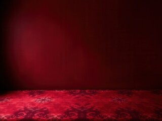 Empty interior with red patterned floor and plain dark red wall, suitable for mockup or display purposes.