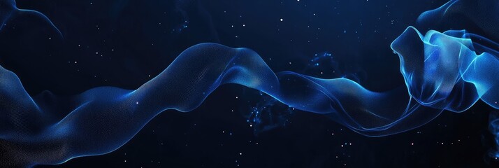 Glowing blue abstract ribbon flows across a dark background, scattered with tiny sparkles