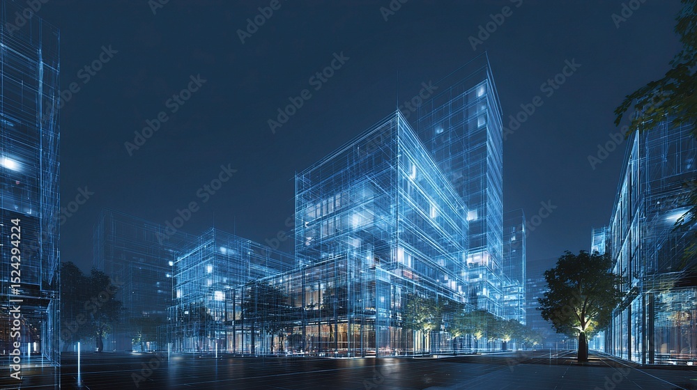 Poster digital building rendering overlay on physical site at night