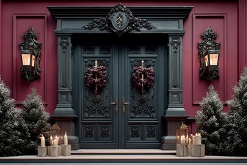 A high-fidelity 8K image of grand double doors adorned with Christmas lanterns and obsidian engravings, set against a rich burgundy backdrop, epitomizing festive luxury.