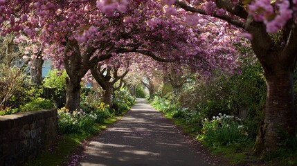 Fototapeta premium Cherry Blossom Archway Over Footpath in Natural Spring Setting