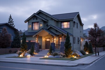 A hyper-realistic suburban home with sage green exteriors, geometric landscaping, and ambient lighting, creating a peaceful and serene environment.