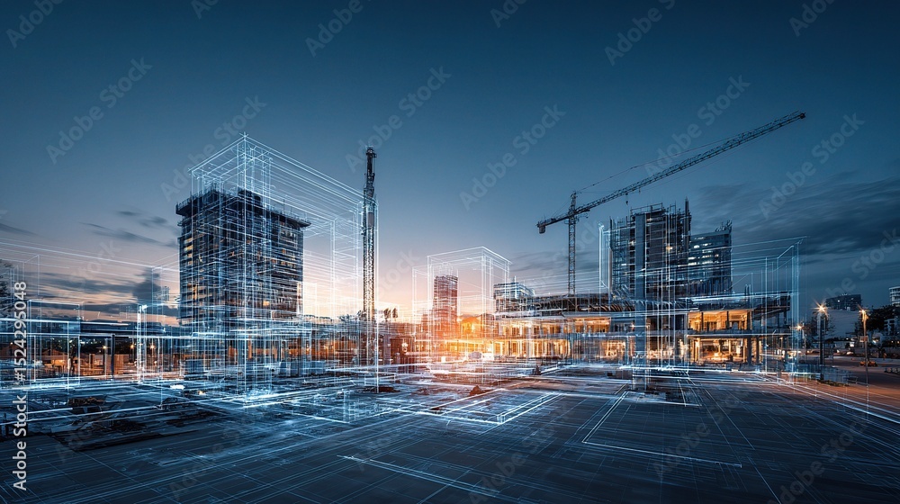 Poster digital blueprint overlay on building site at twilight