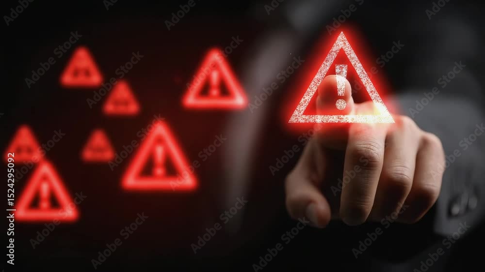 Poster a person points at a glowing red warning icon with an exclamation mark, symbolizing caution or alert