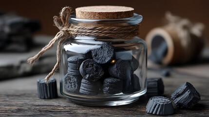 A jar of dark licorice candies sits on a wooden table, the contrast of the deep black candies against the earthy background making them pop.