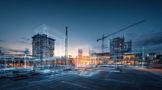 Digital Blueprint Overlay on Building Site at Twilight
