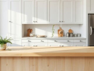 Modern kitchen mockup with white cabinets, wooden countertop, and minimal decor. Natural light illuminates the space, highlighting kitchen utensils and plants.