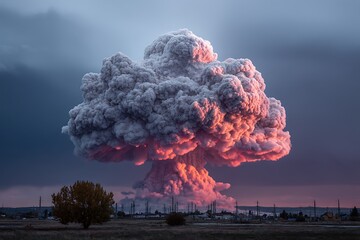 A large mushroom cloud rises dramatically into the sky, the explosion lighting up the horizon with an eerie yet powerful glow.