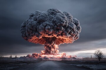 A large mushroom cloud rises dramatically into the sky, the explosion lighting up the horizon with an eerie yet powerful glow.
